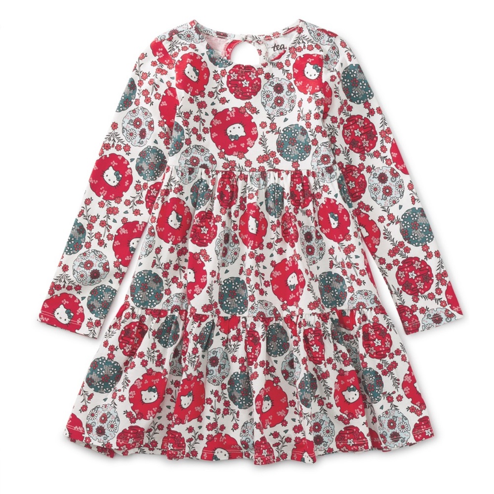Tea Collection Hello Kitty Tiered Skirt Dress Red Green Floral Cotton NWT 7-8 Y